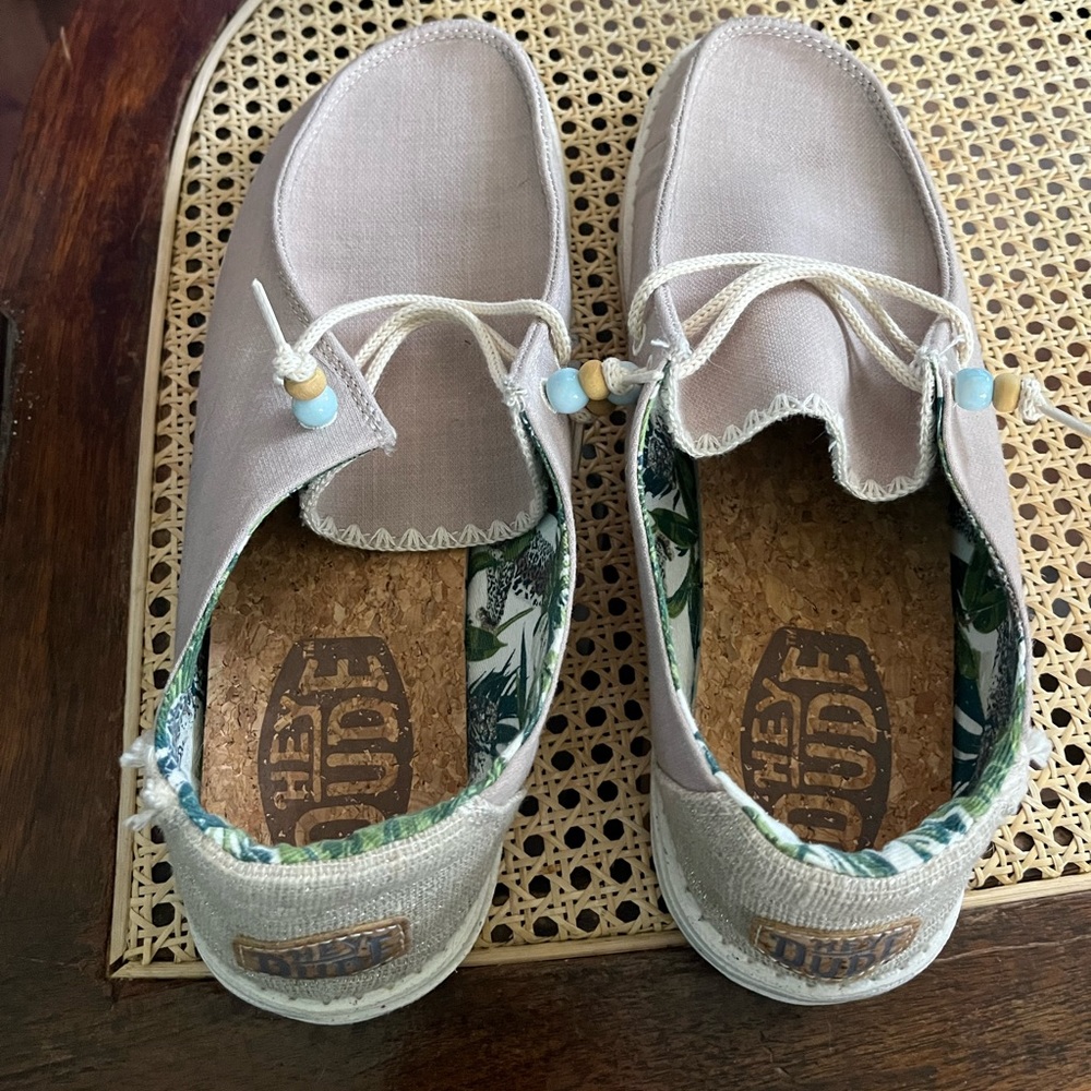 Hey Dudes, women’s, tan with gold glitter accents